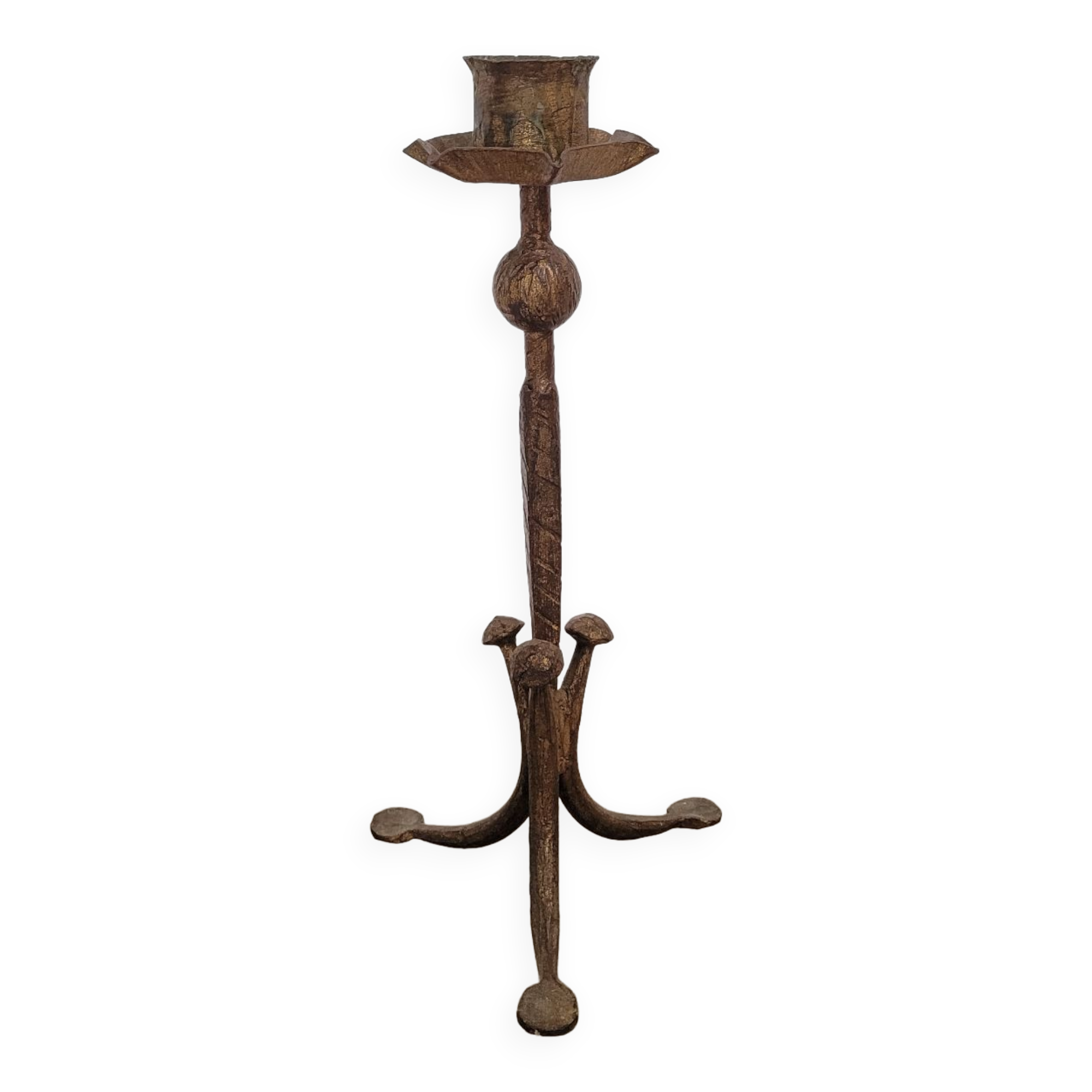 Candle holder in hammered metal with golden patina from the 70s