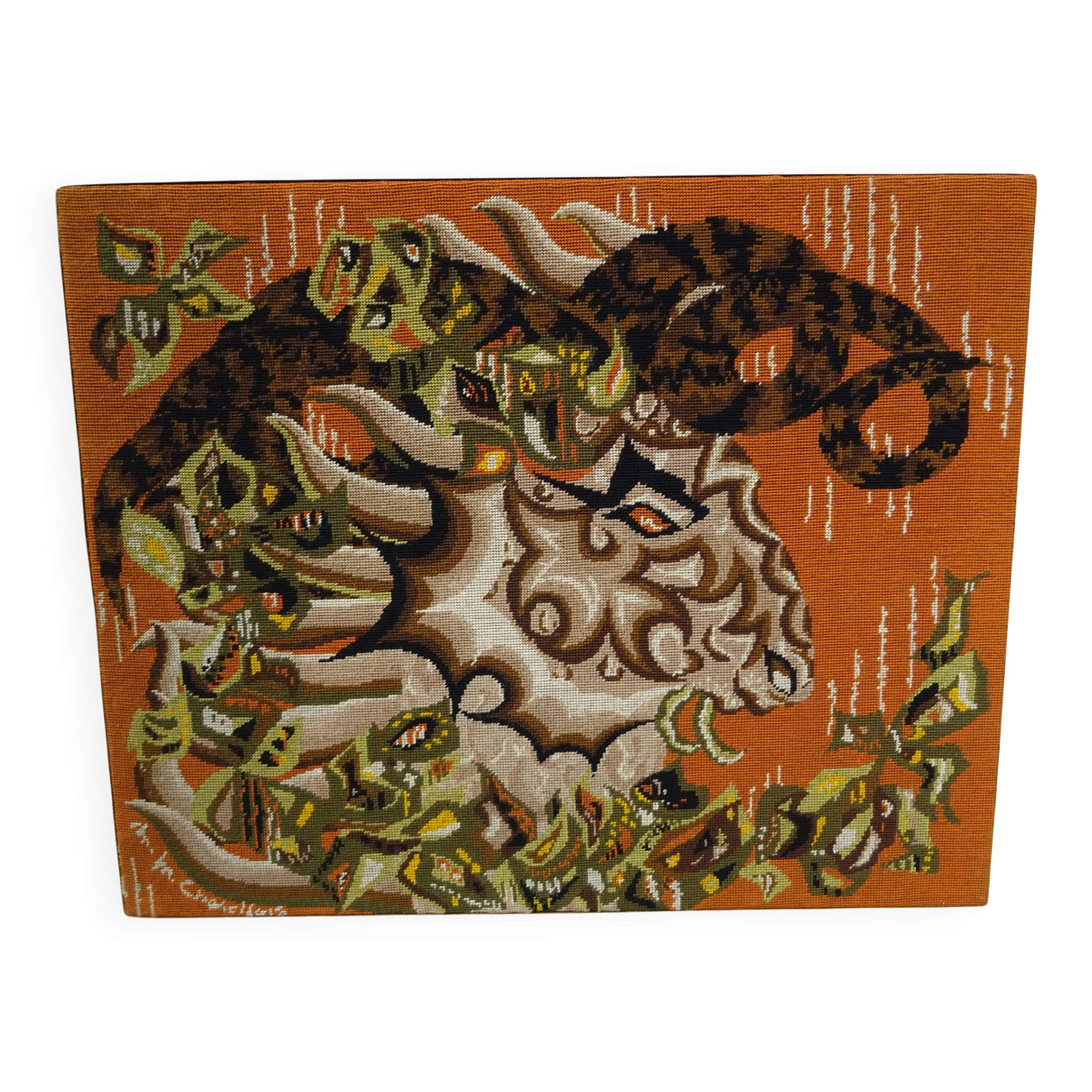 Vintage wall tapestry canvas The Ram M.M. Charollais 60s/70s