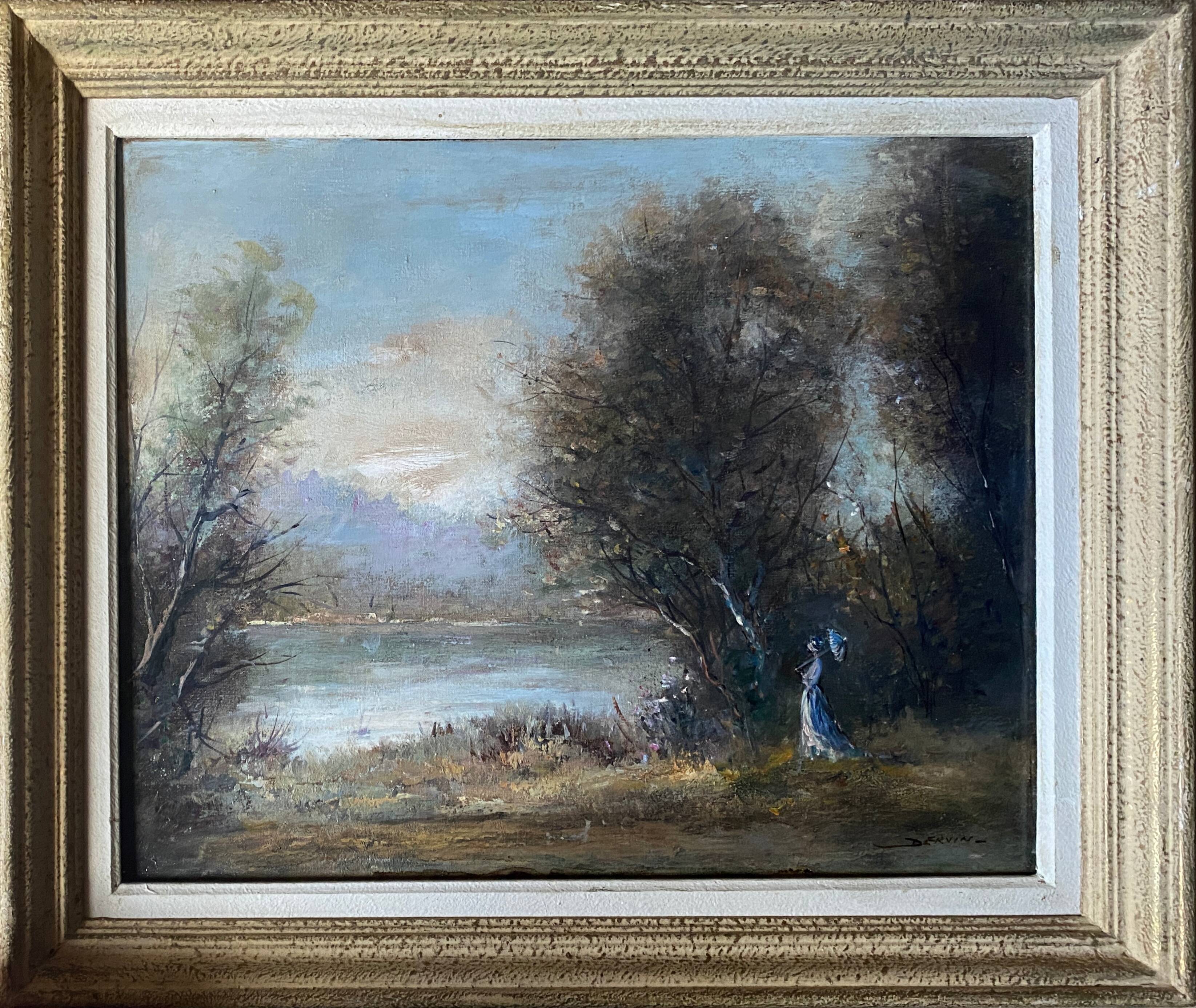 HST painting "The walk, young woman with the umbrella" signed Dervin