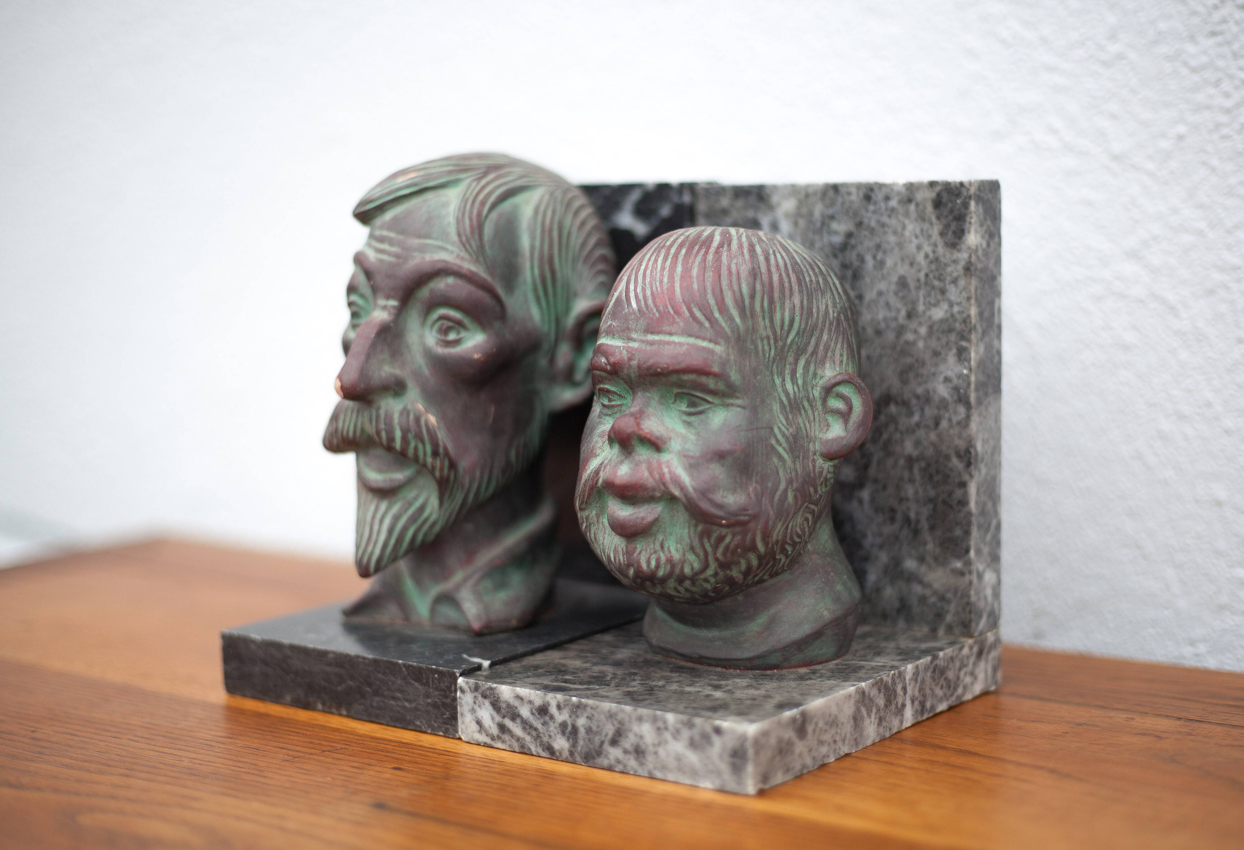 Pair of terracotta and marble bookends, don quixote and sancho panza, paperweight, library