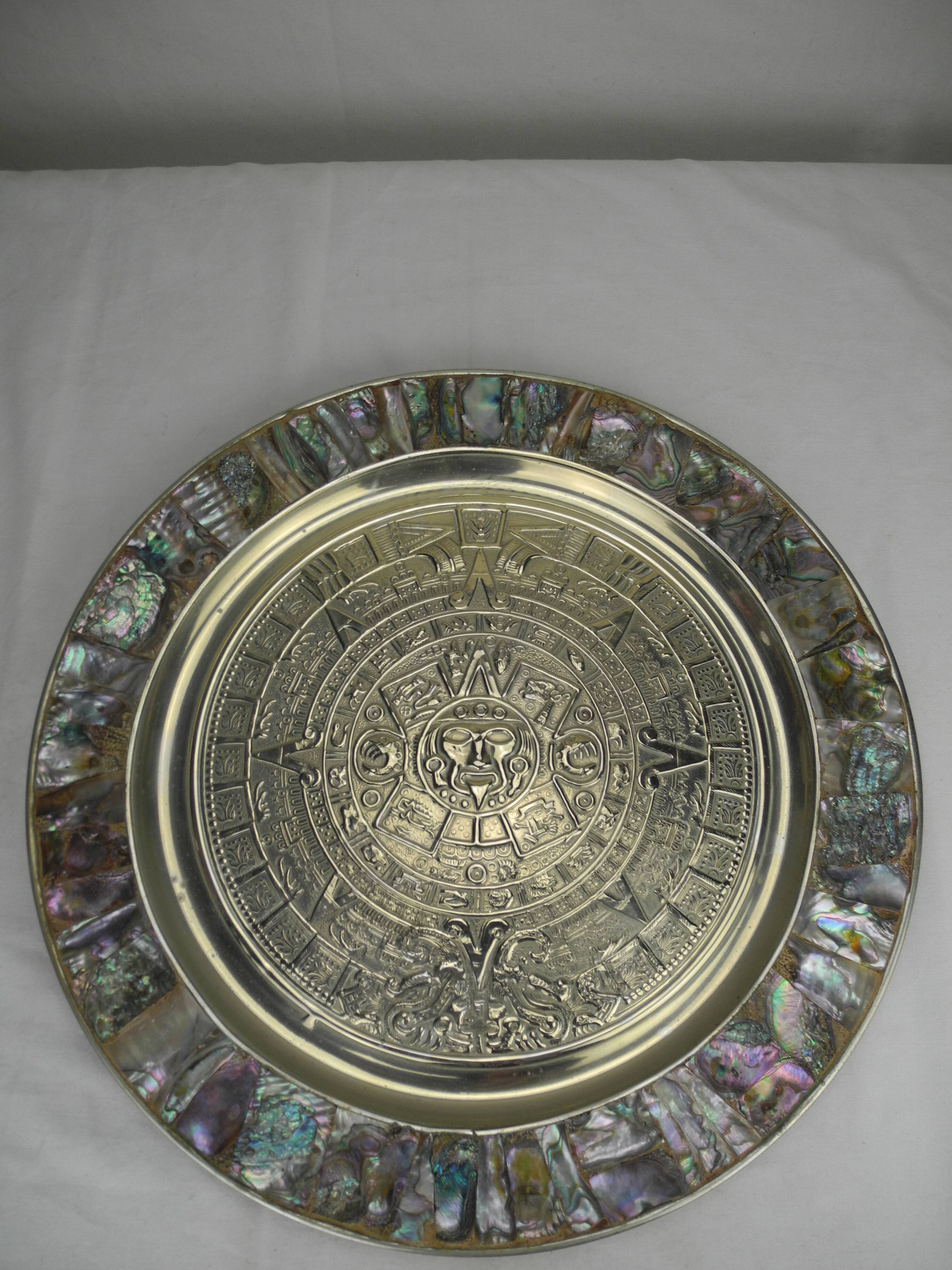 large antique wall plate Mexico alpaca Mayan calendar vintage wall plate decor