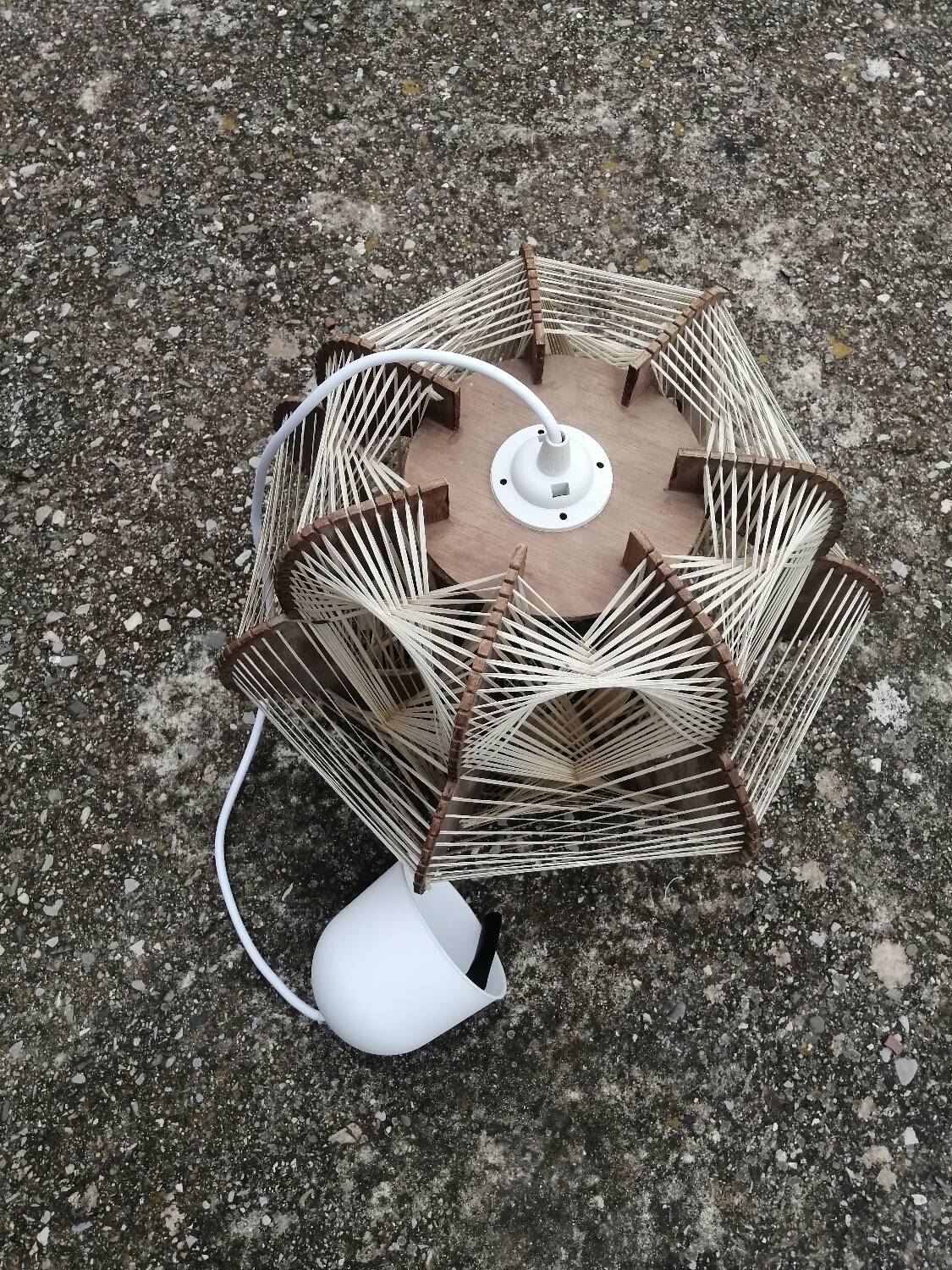 Pair of vintage wooden and rattan straw pendant lights.