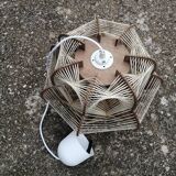 Pair of vintage wooden and rattan straw pendant lights.