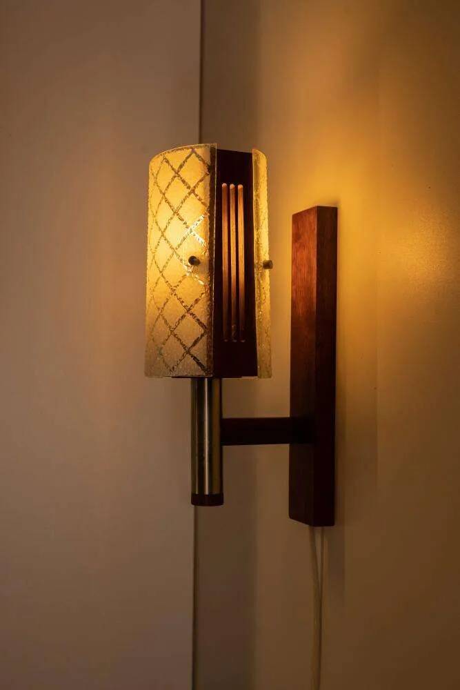 Vintage 1960s wall light, milk glass and bohemian teak.