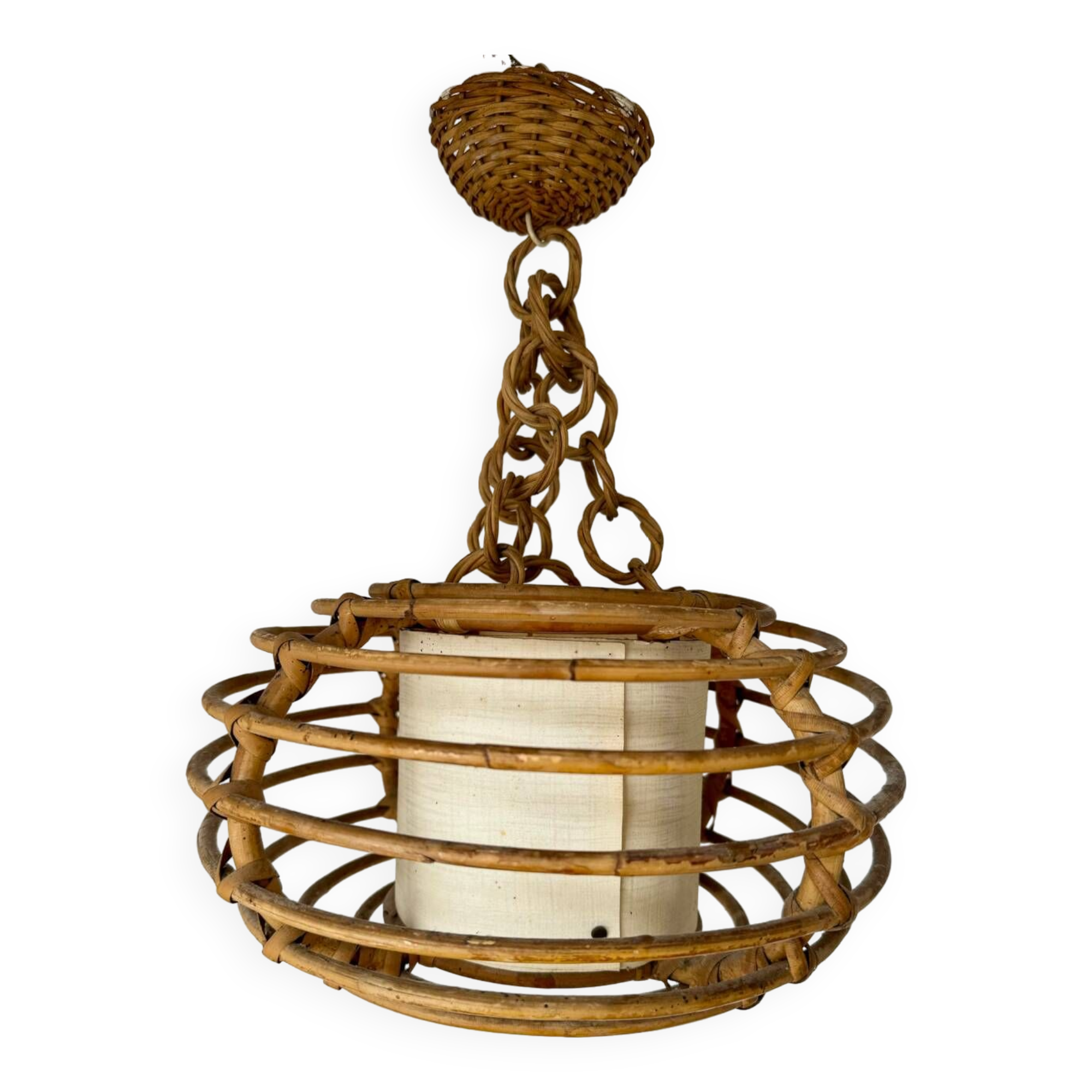 Suspension cage en rotin vintage