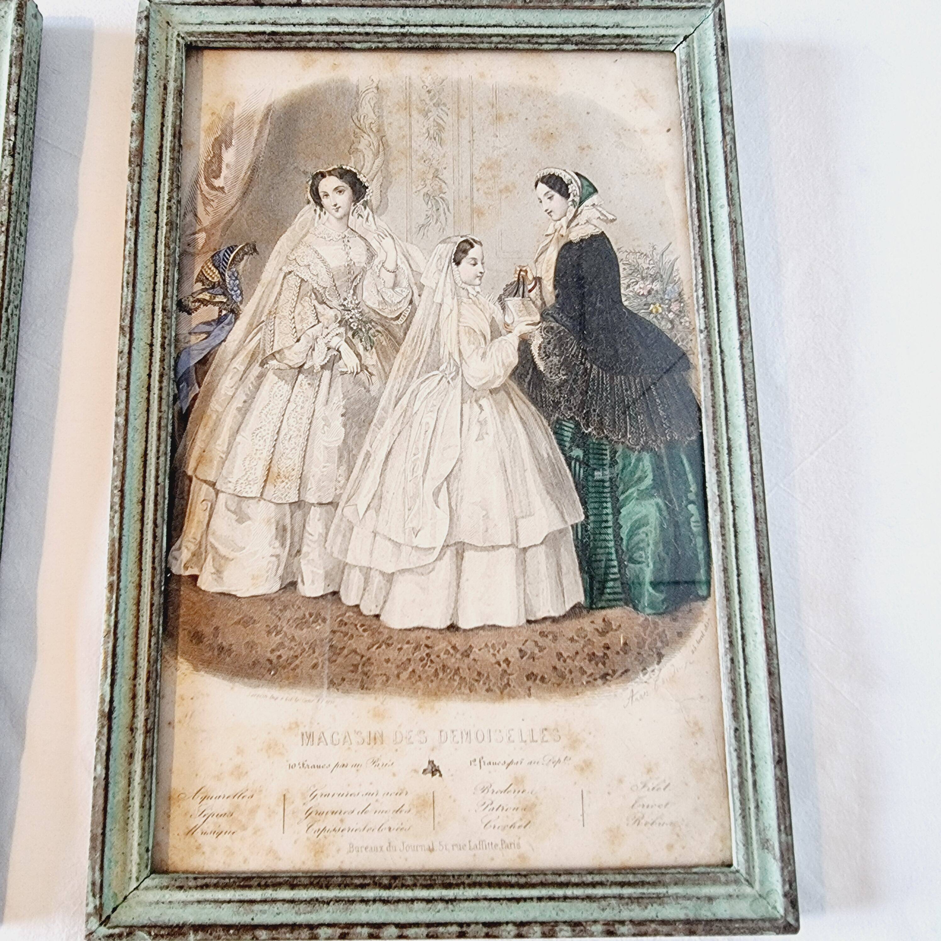 Lot de 4 tableaux avec gravures de mode originales de la fin du 19ème siècle