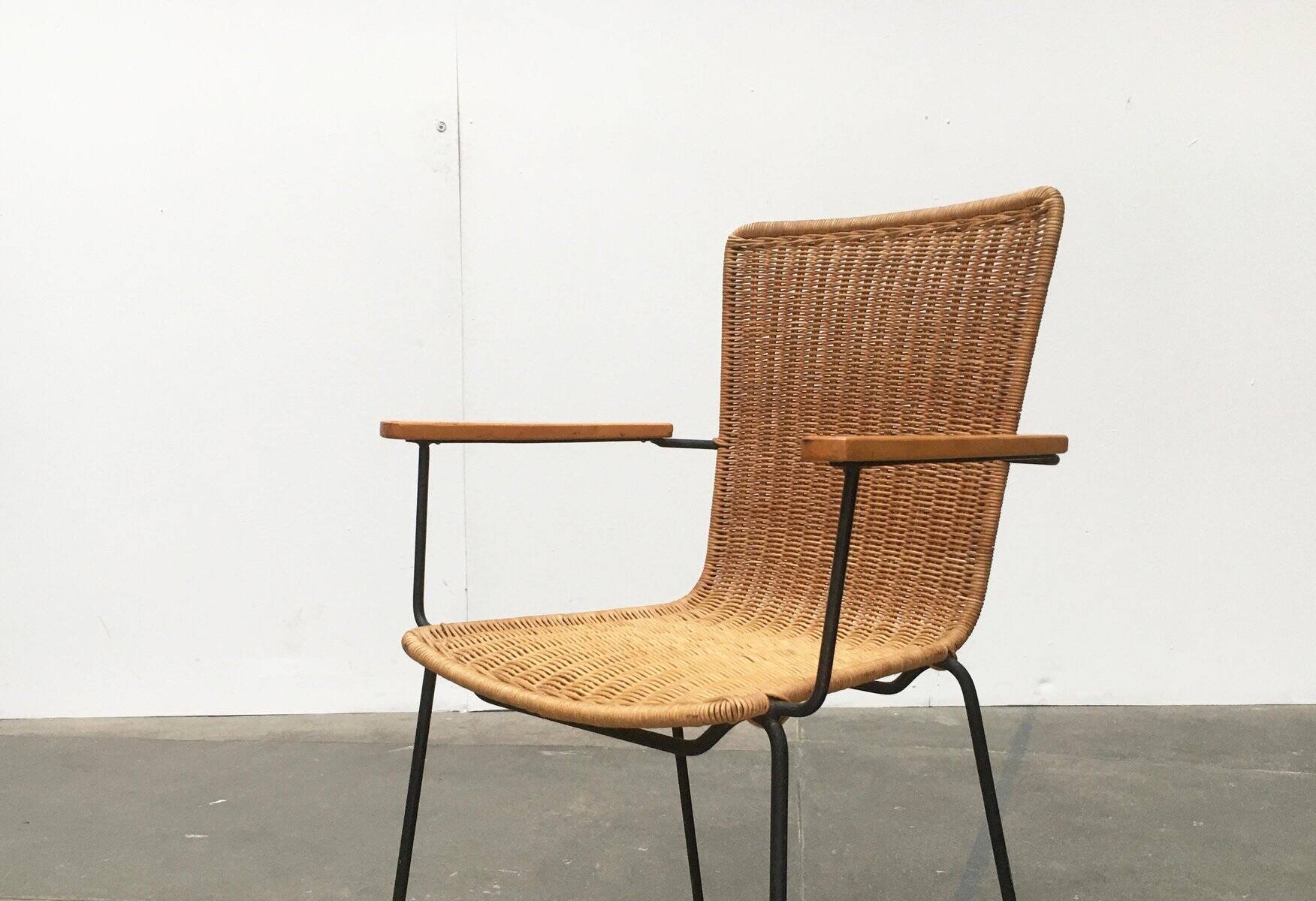 Mid-century metal and rattan dining chairs, set of 3.