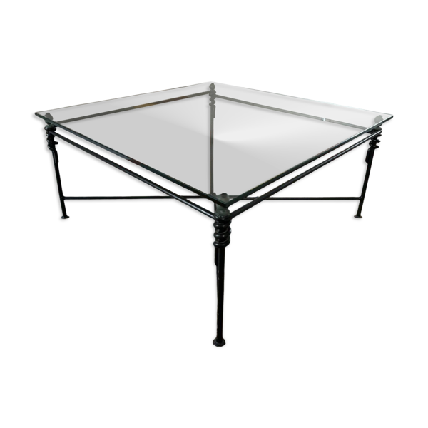 Grande table basse fer forgé et verre Jacques Ducru