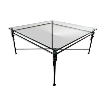 Large wrought iron and glass coffee table by Jacques Ducru