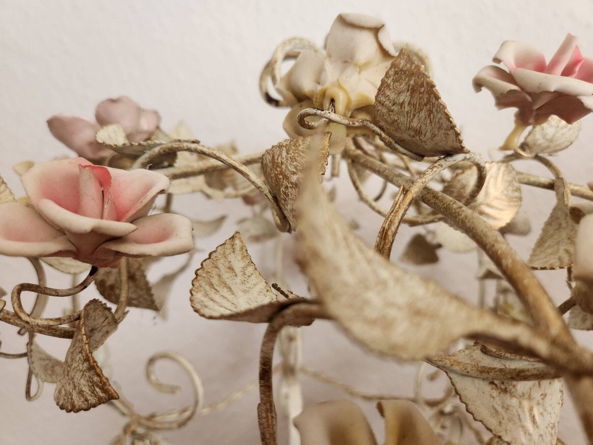 Hand-forged vintage pendant lamp with porcelain roses, Denz Neheim Hüsten