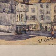 Old watercolour signed marius alamartine "hôtel de la halle" in charlieu
