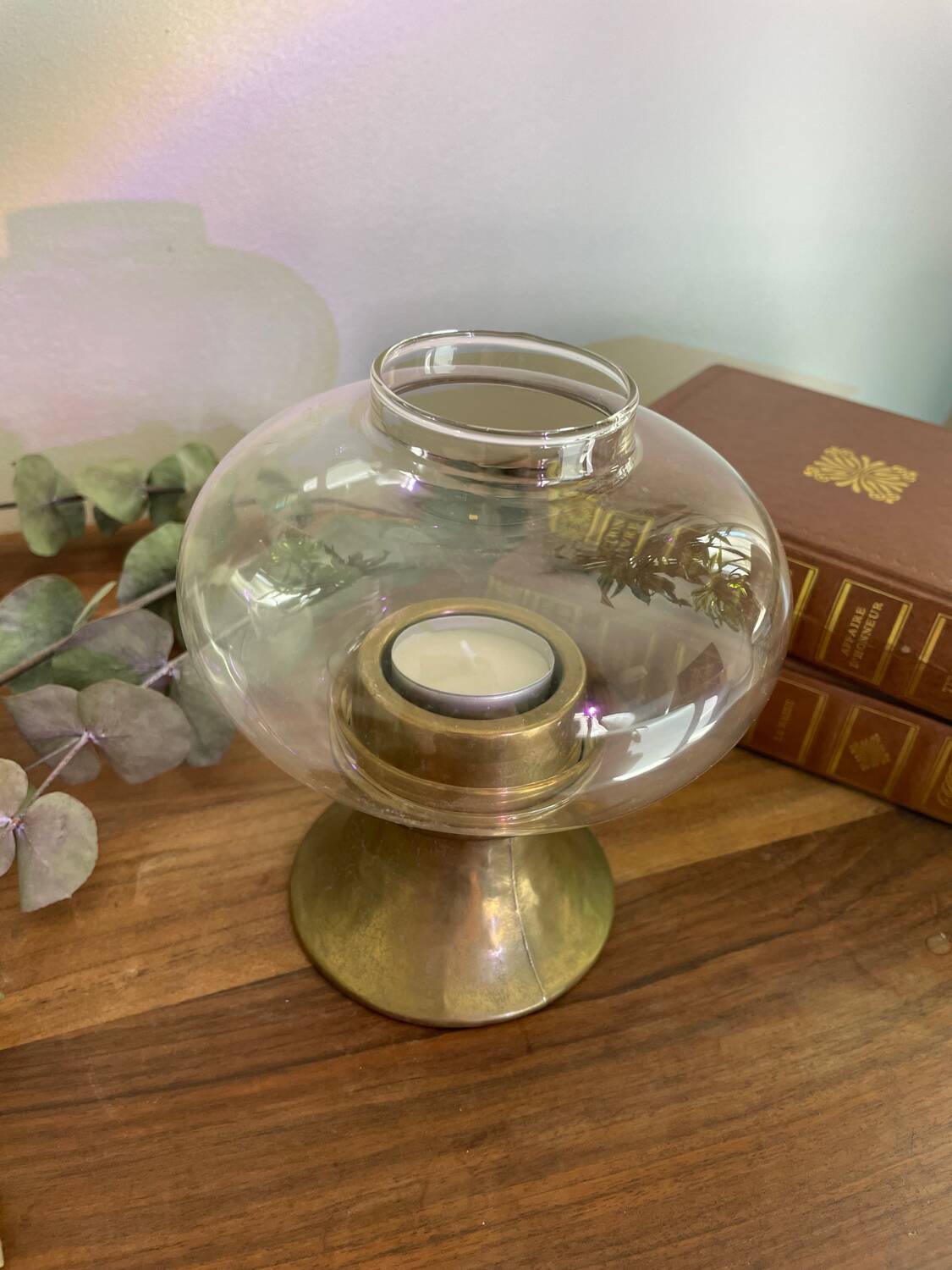 Glass and brass candle holder