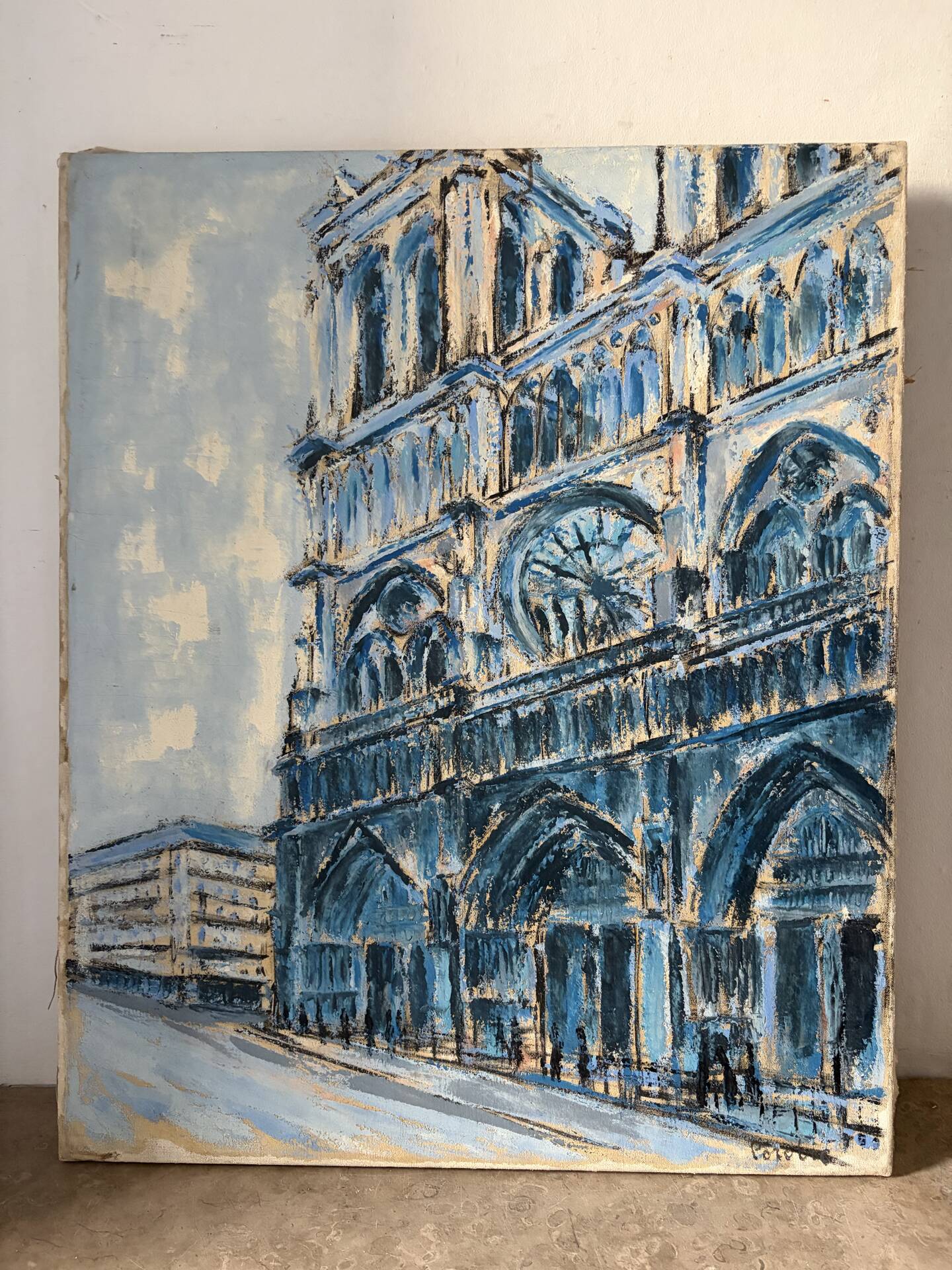 Notre Dame en bleu, huile sur toile signée