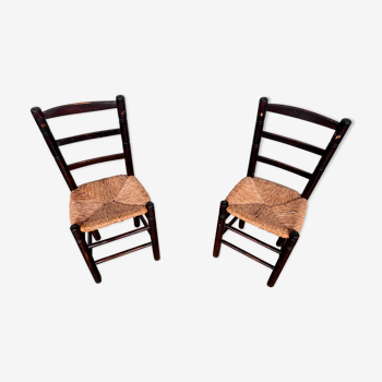 Paire de chaises brutaliste bois paille