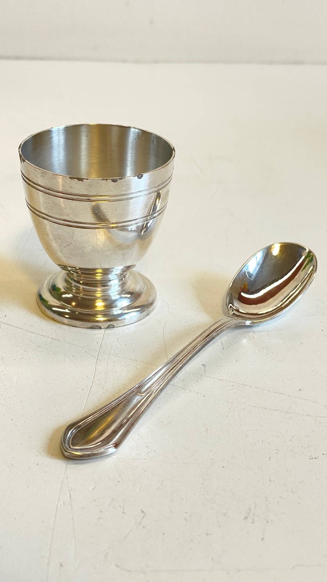 Vintage Silver-Plated Metal Egg Cup and Spoon for Birth