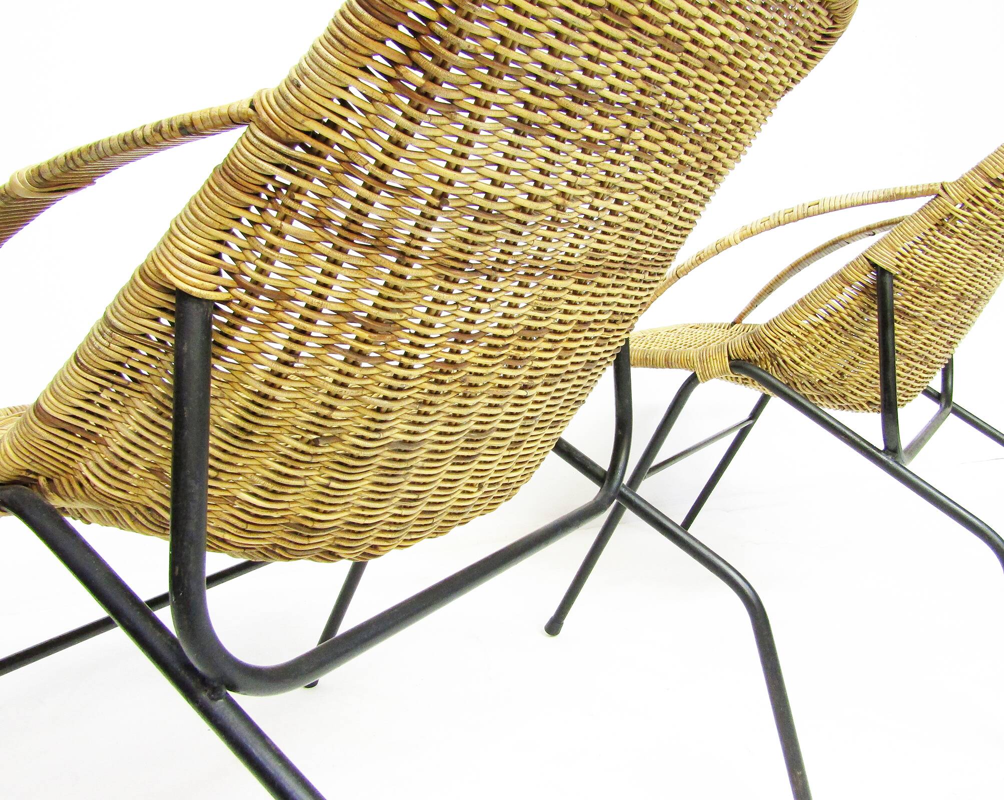 Pair Of 1950s French "Gazelle" Chairs In Rattan Wicker & Tubular Steel