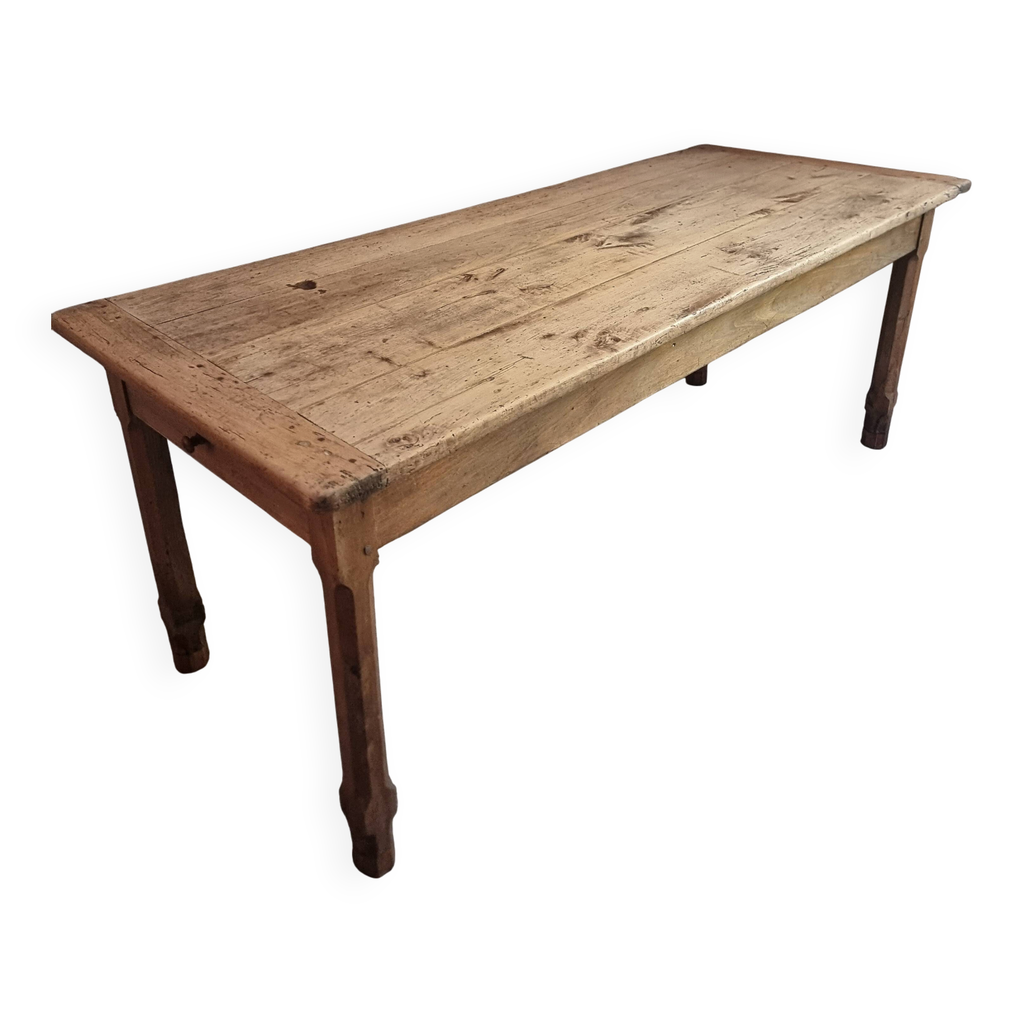 Old farmhouse dining table, rustic kitchen, poplar top, chestnut base, two drawers, 1800–1850.