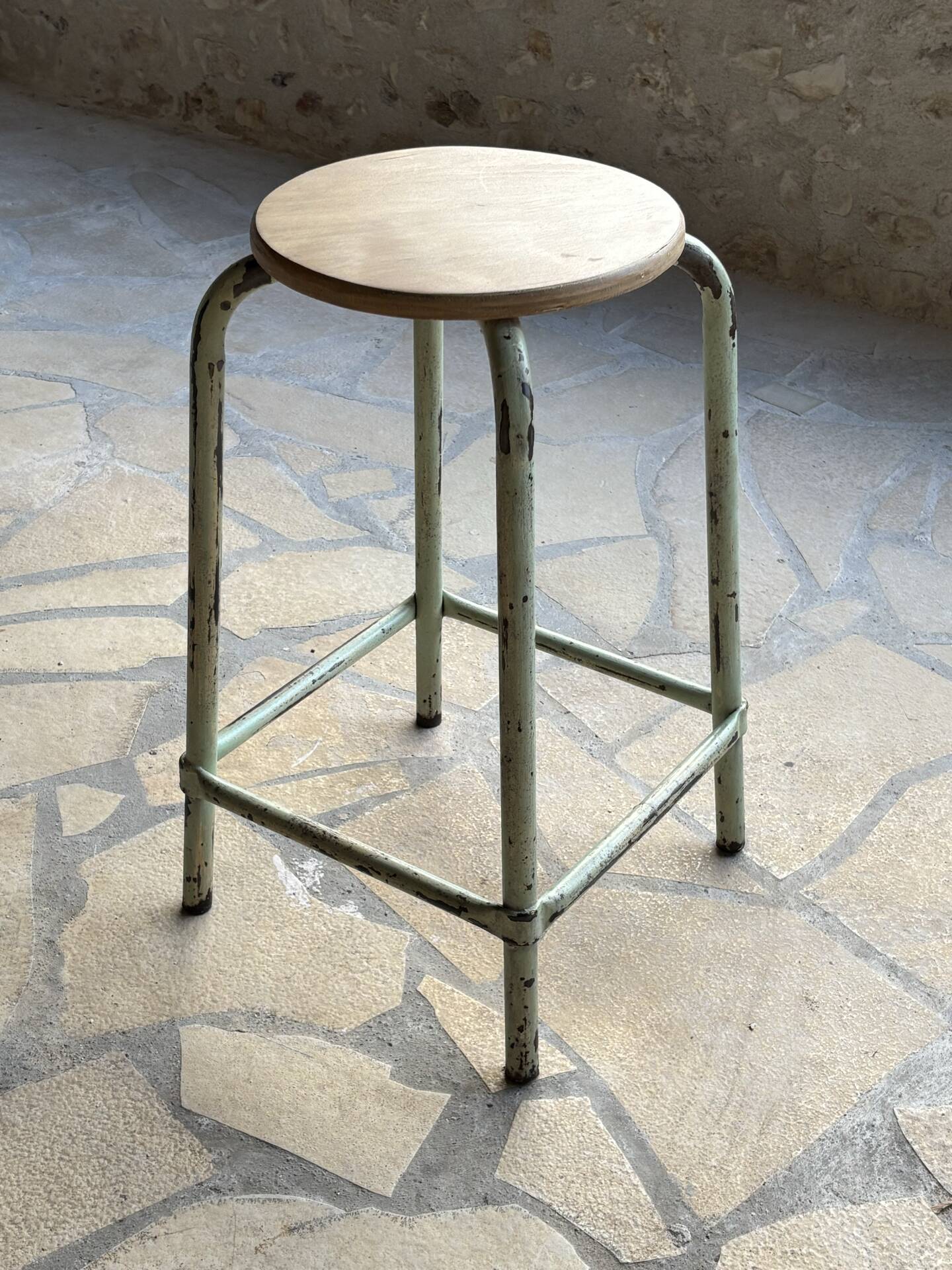 Vintage metal and beech school stool - restored
