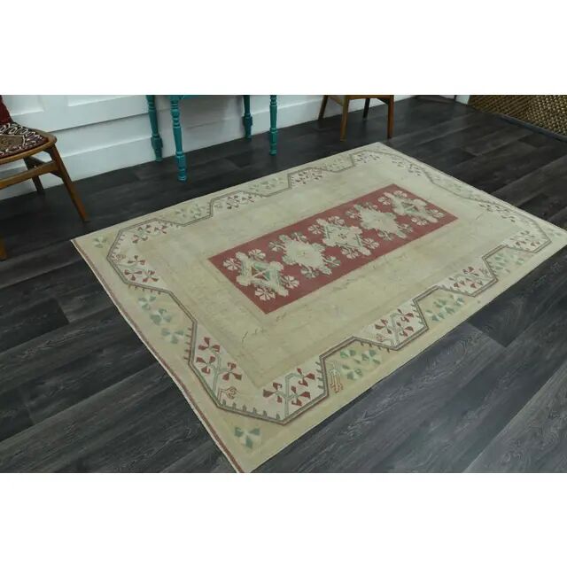 1970s Vintage Turkish Oushak Handmade Wool Cotton Beige Area Rug 158x229