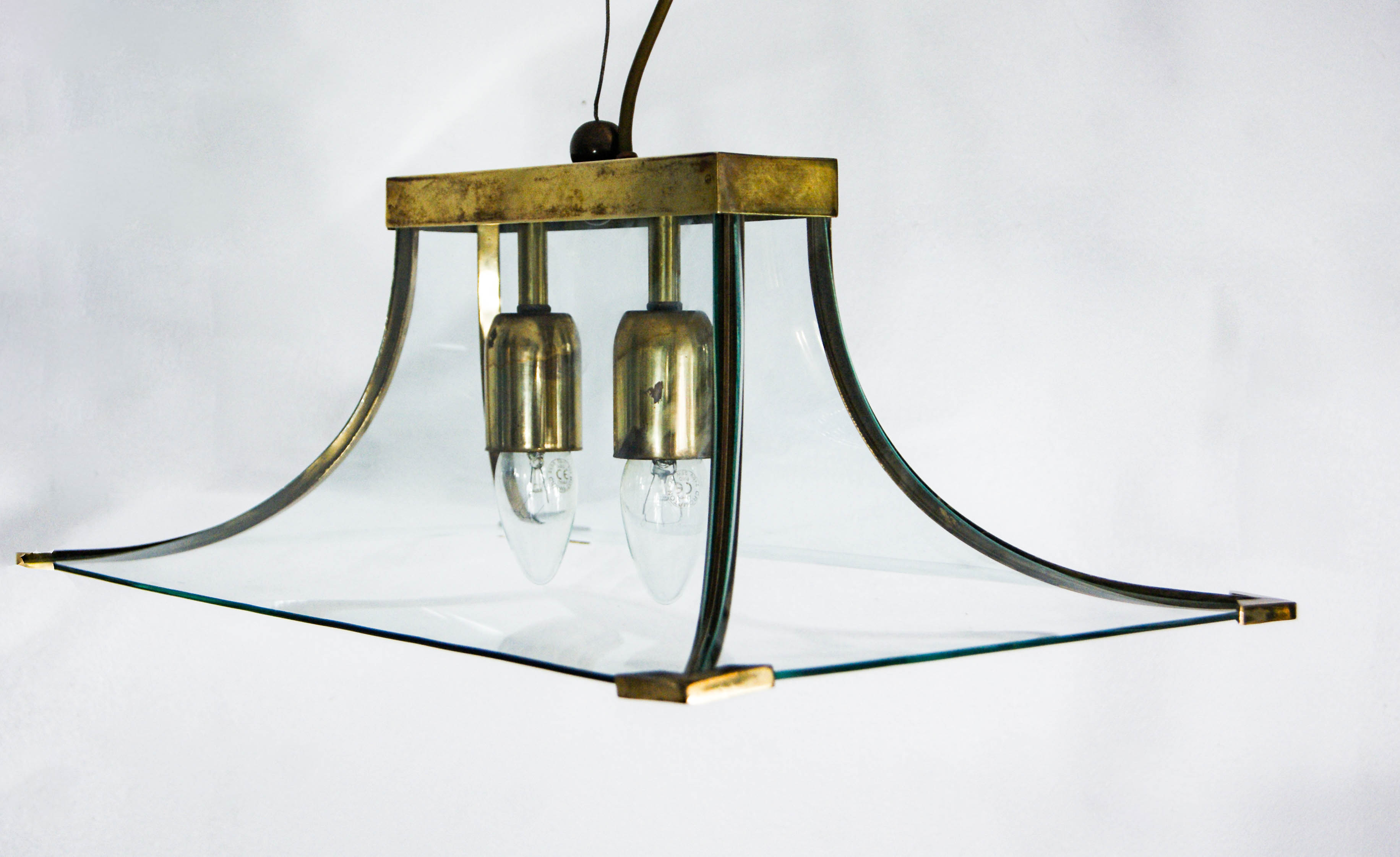 Esperia Pagoda chandelier brass and glass 1960s