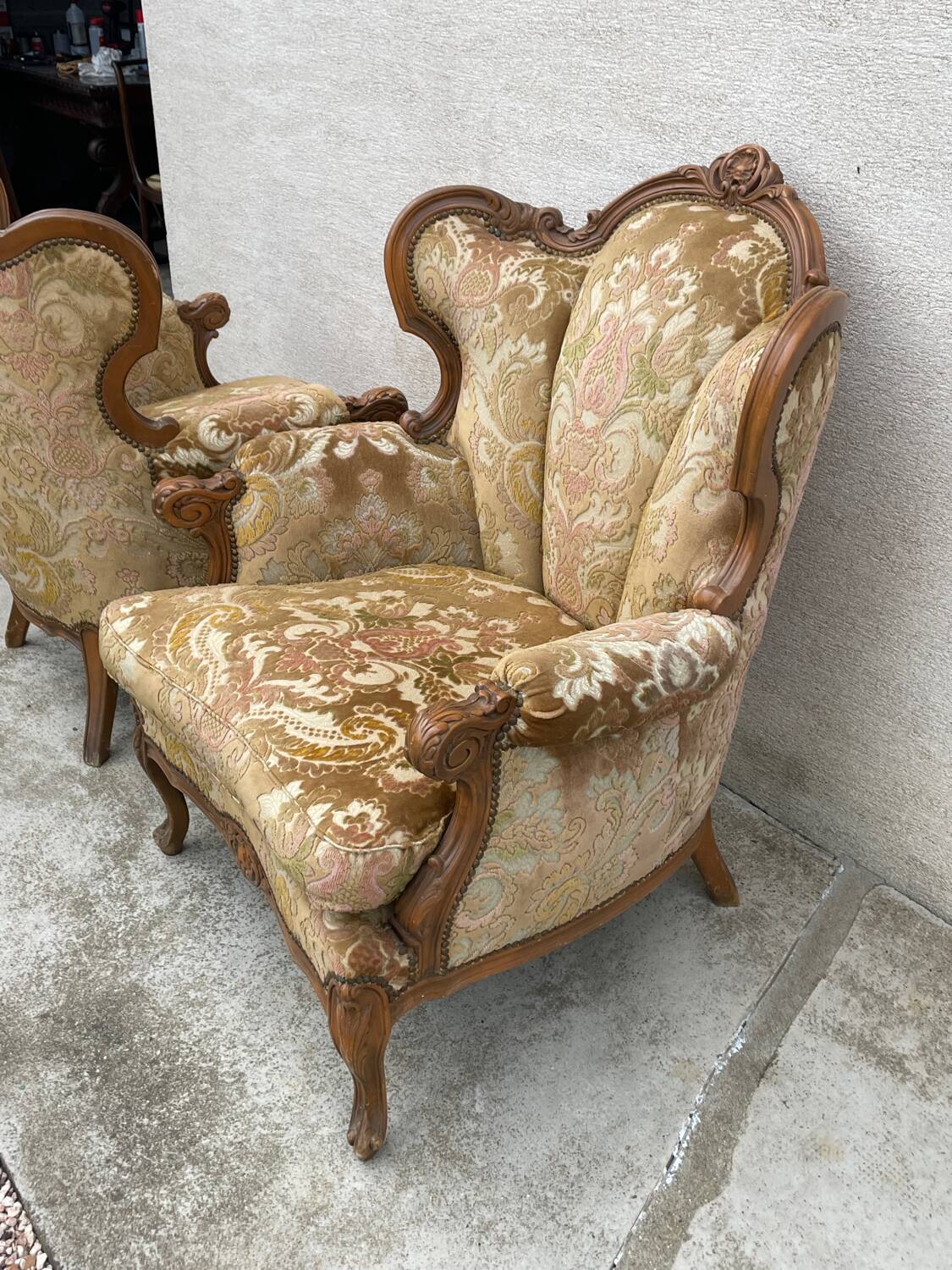 2 Louis XV style armchairs in brocade and velvety fabric