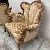2 Louis XV style armchairs in brocade and velvety fabric