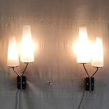 Asymmetrical double light wall sconces in brass, metal, and opaline - 50s