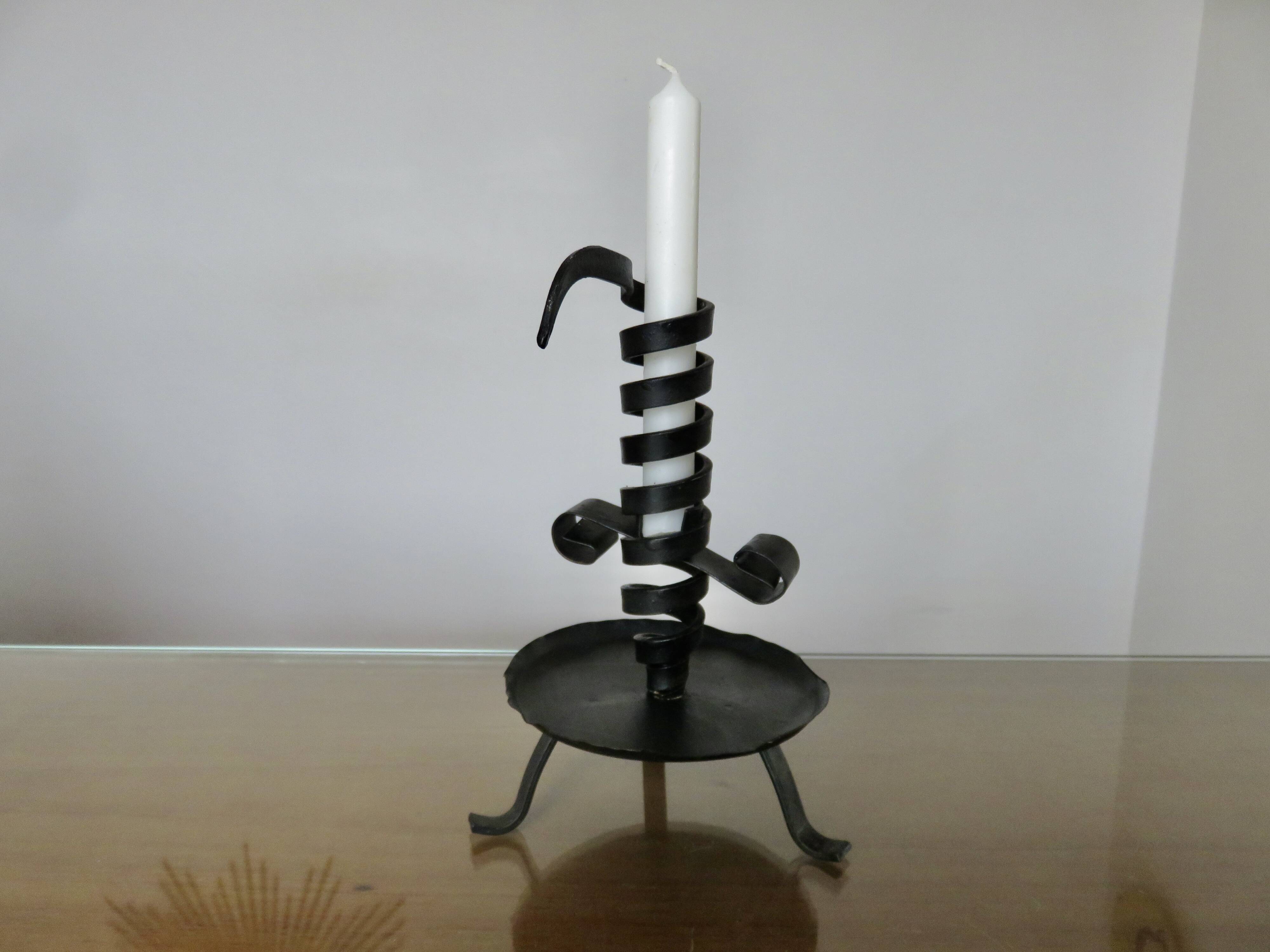 Medieval candlestick, blackened wrought and hammered iron, very good condition