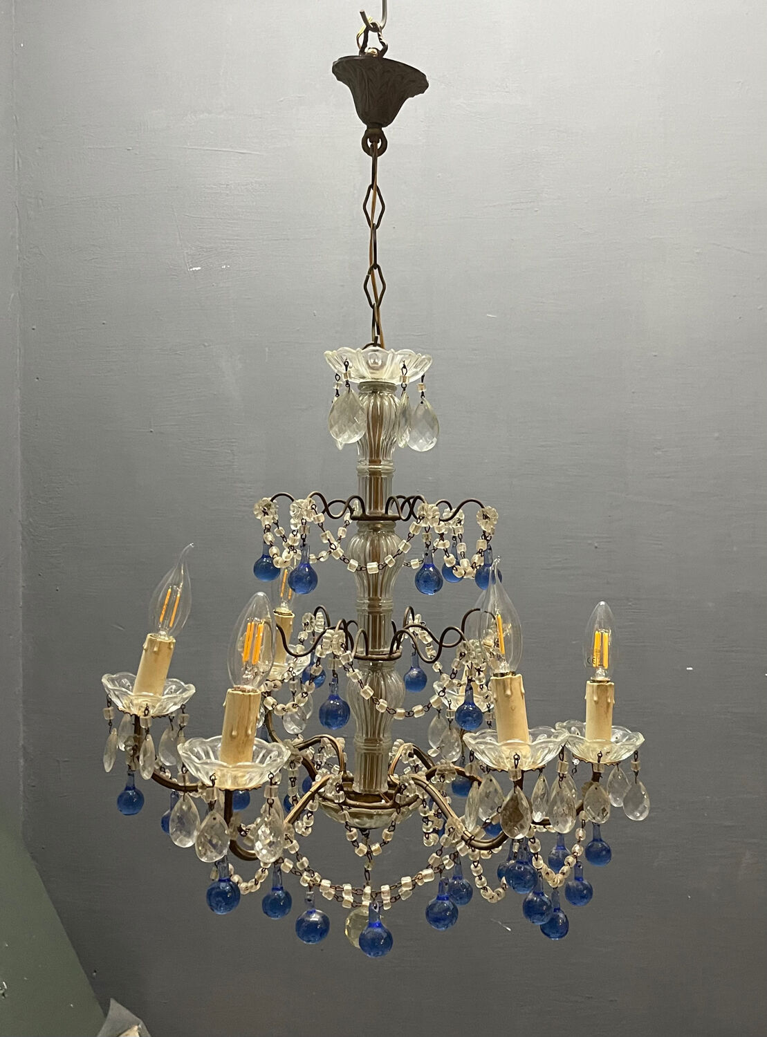 Vintage Italian Macaroni Murano  Blue Chandelier