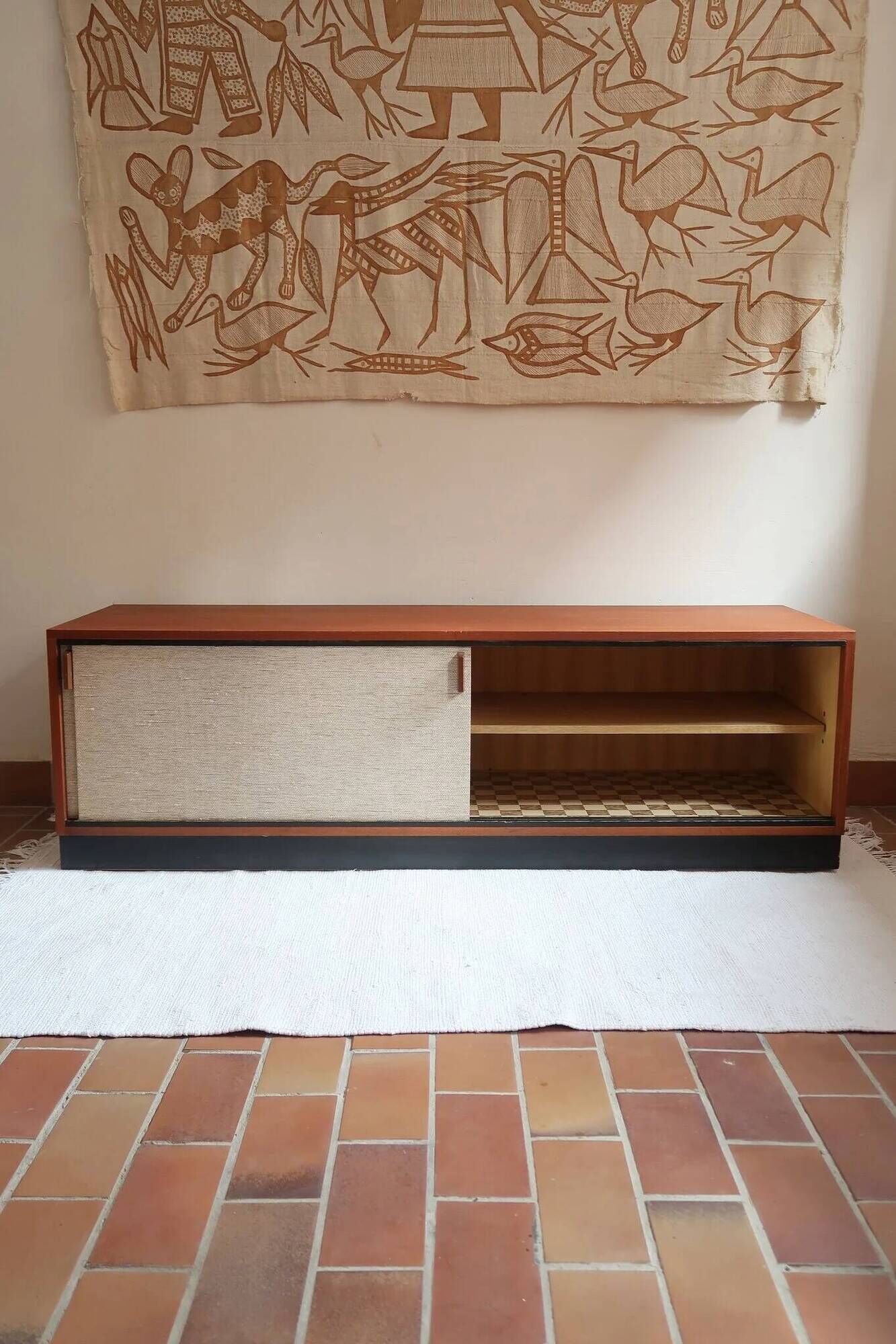 Teak enfilade, sliding canvas doors, 1960s.
