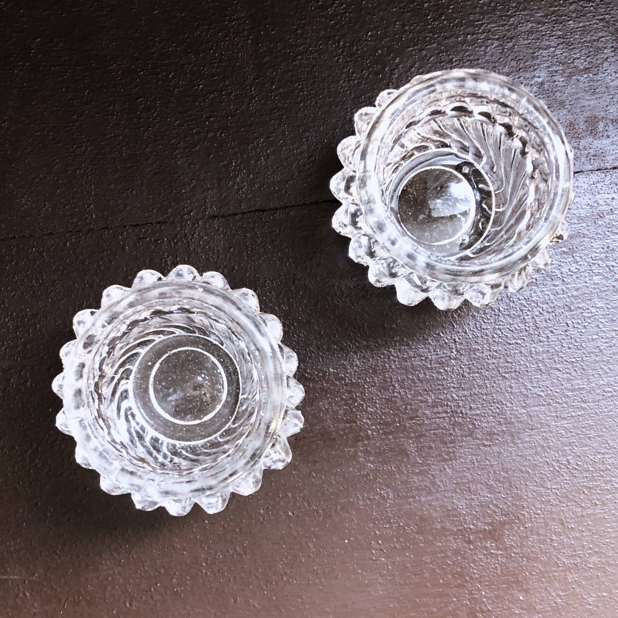 Glass salt and pepper shaker set with vintage serving spoon