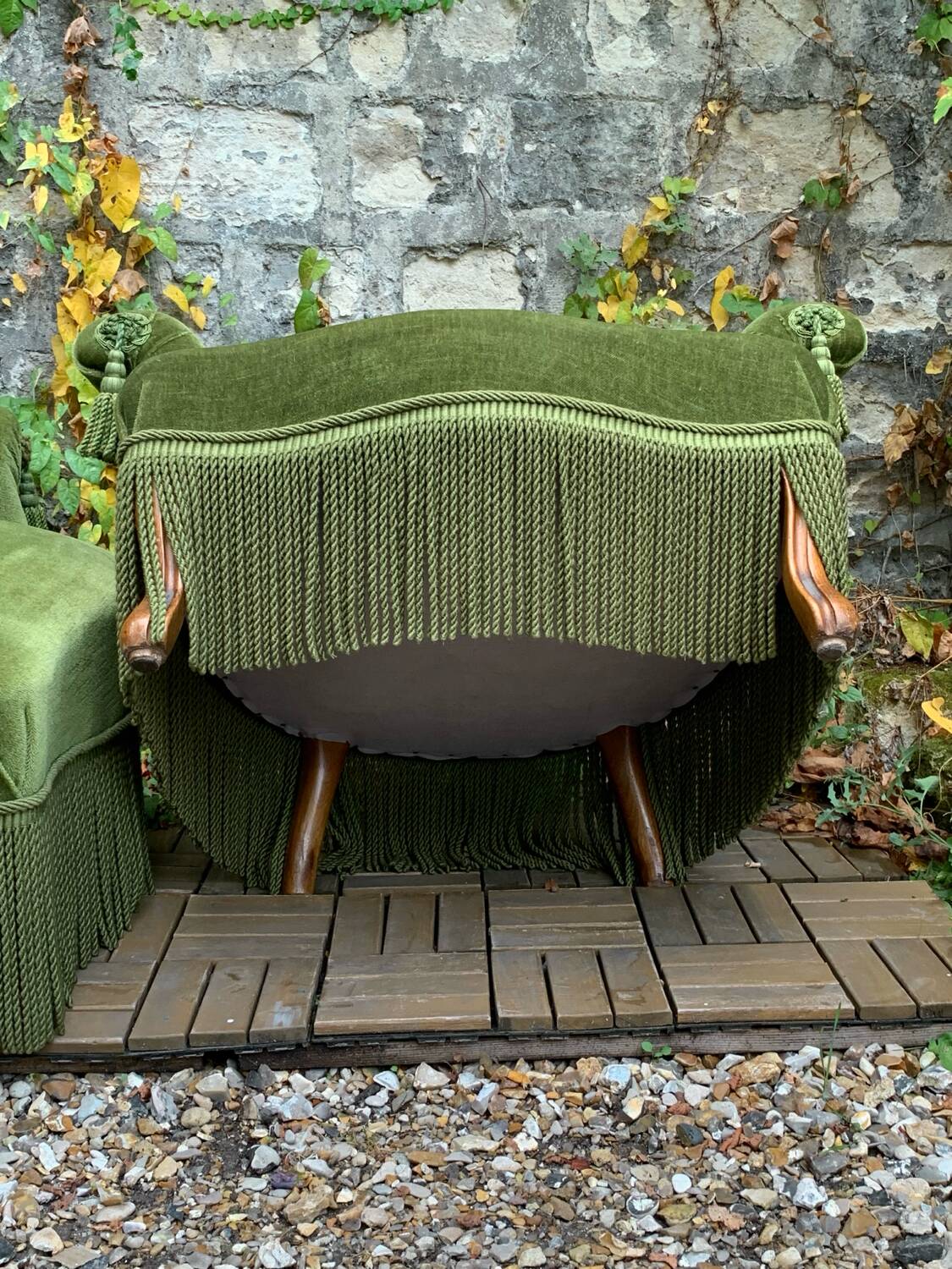 Pair of olive green velvet toad armchairs