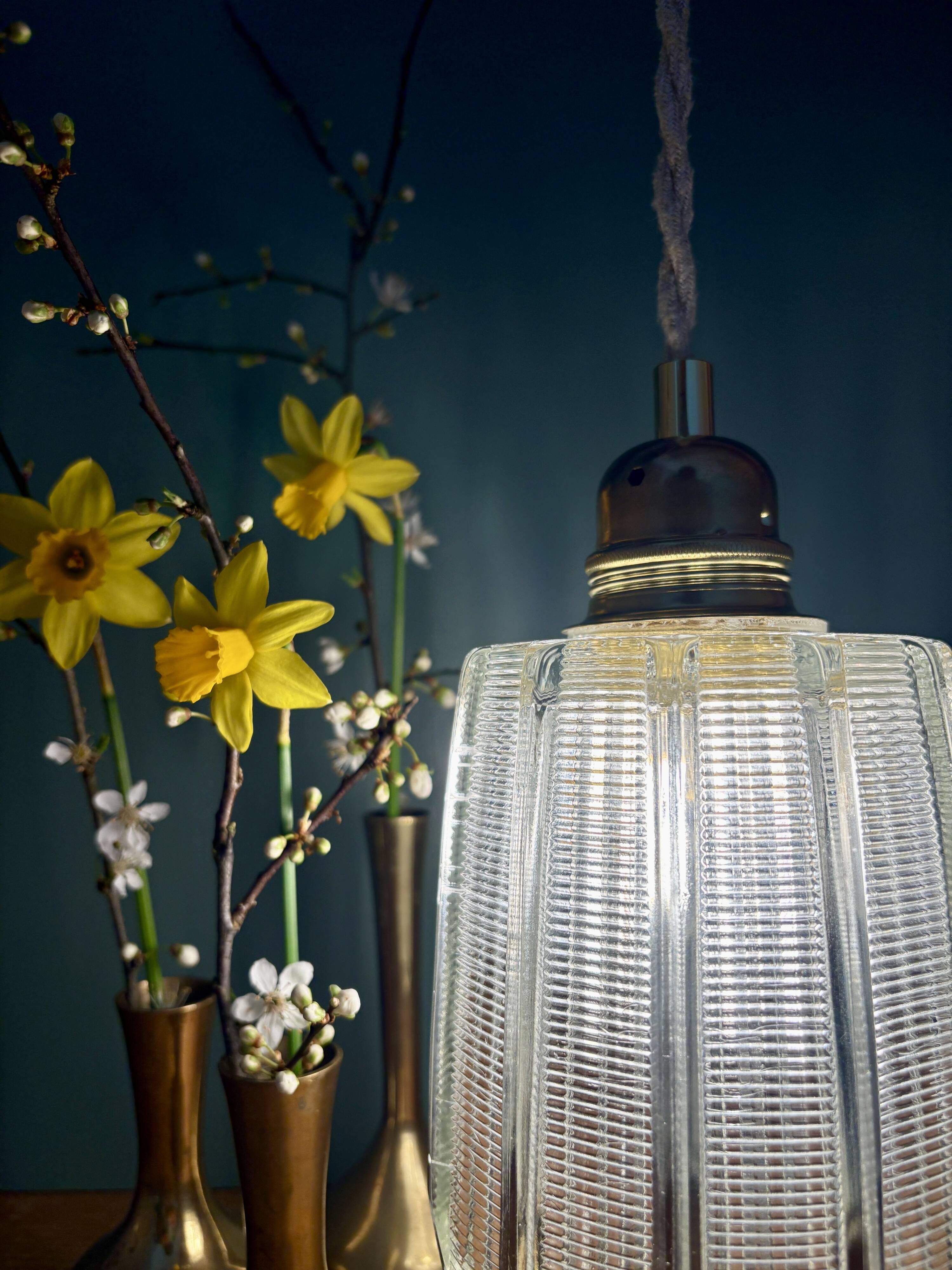 Vintage tulip suspension in holophane glass