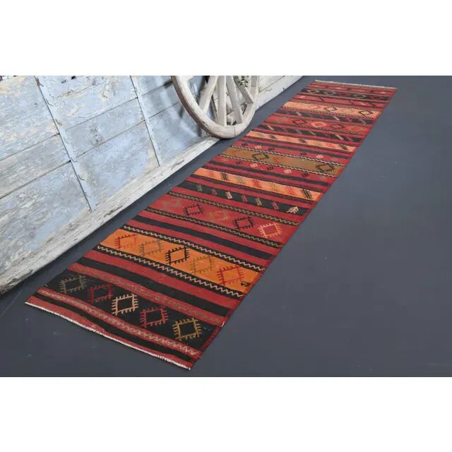 Vintage Turkish Hand-Knotted Wool Cotton Red Runner Rug 81x380