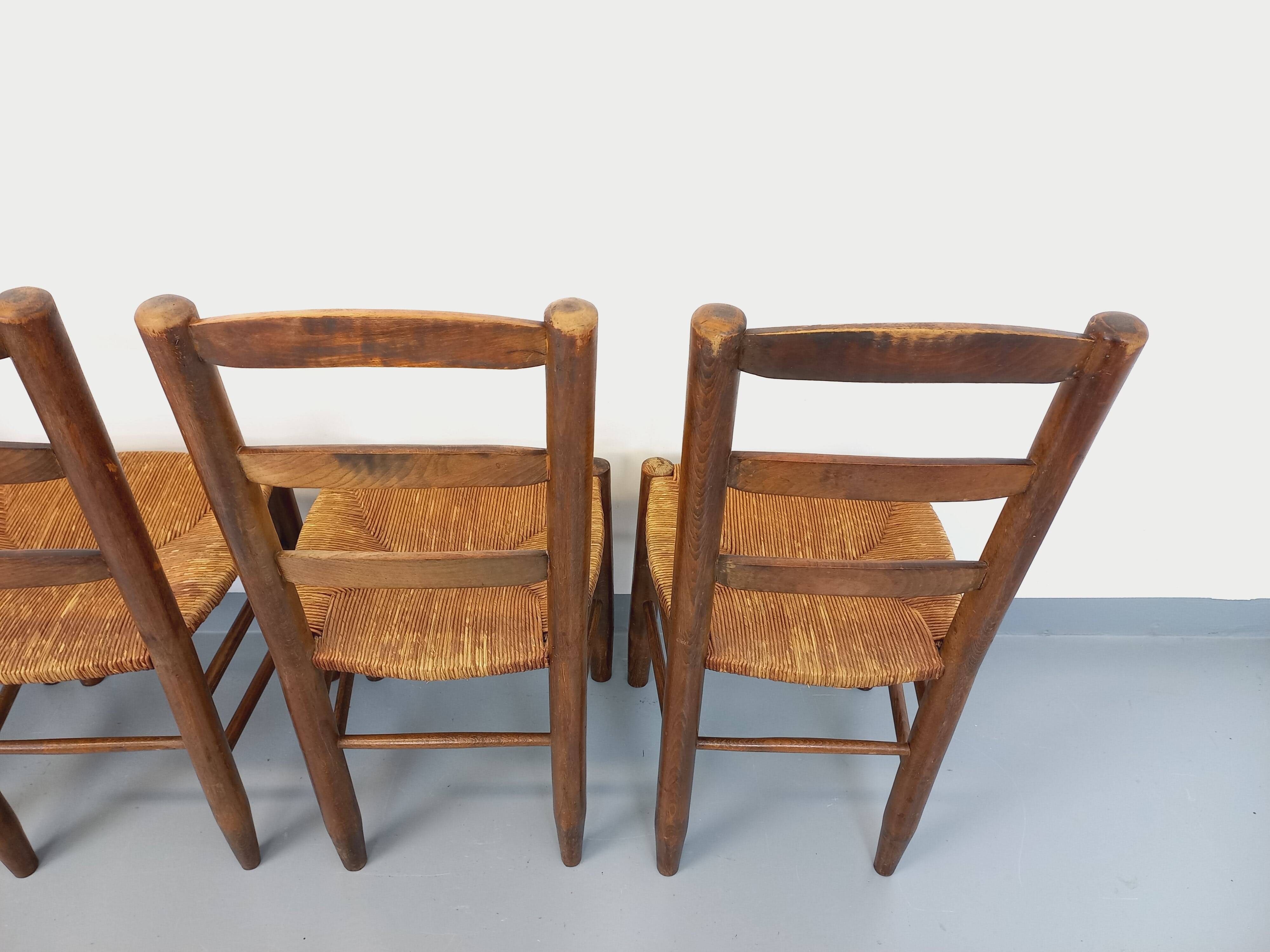Set of 4 vintage brutalist chairs in wood and straw from the 60s