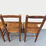 Set of 4 vintage brutalist chairs in wood and straw from the 60s