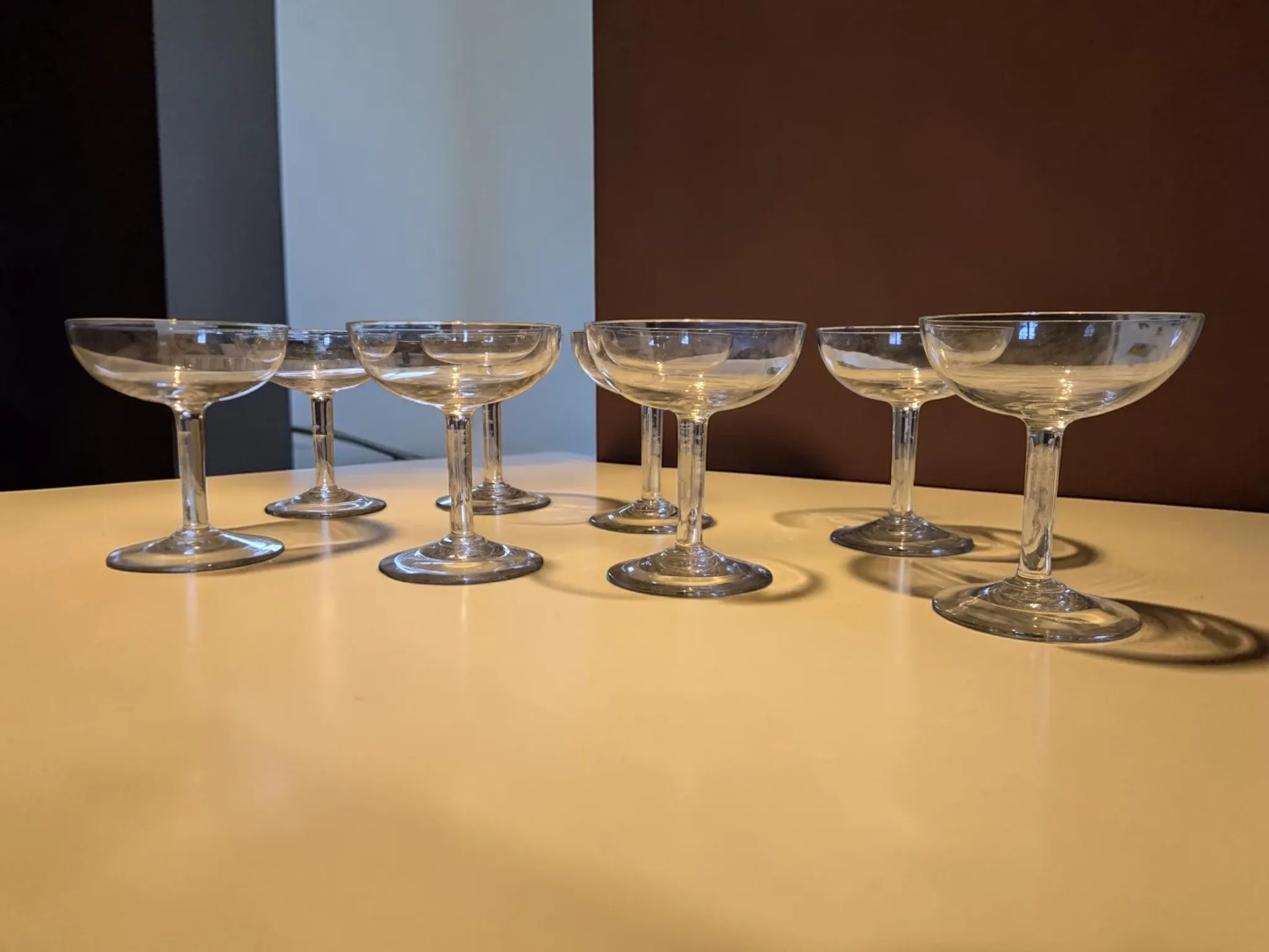 8 blown glass champagne coupes from the 19th century