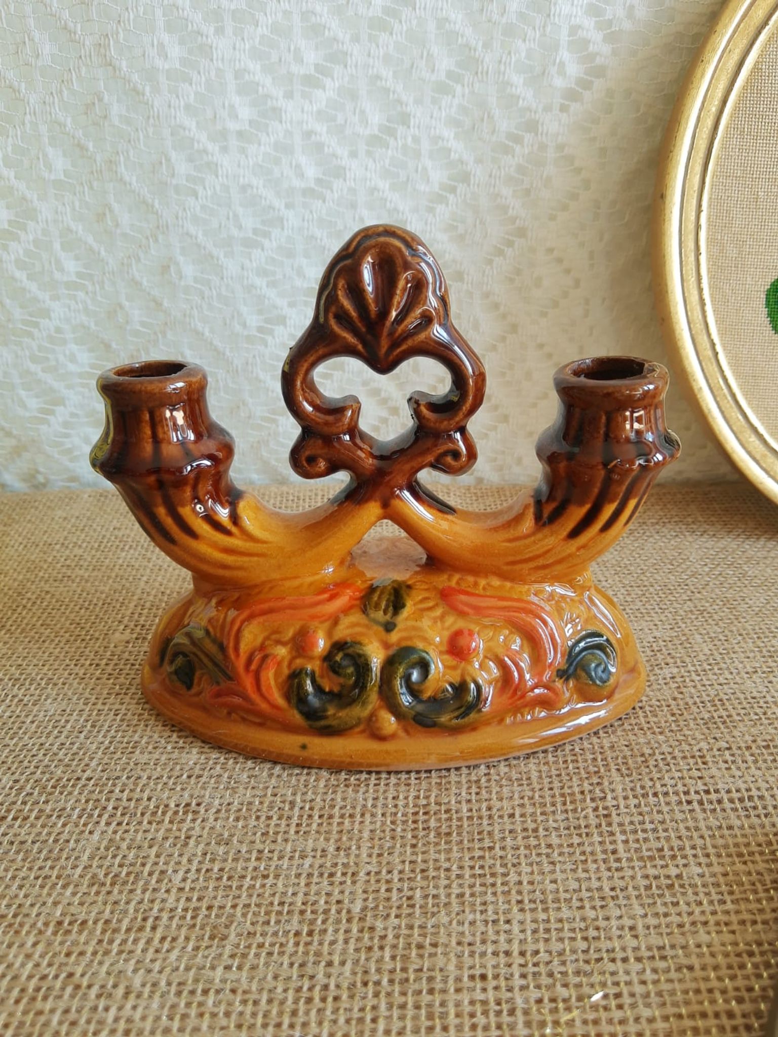 Paire de bougeoirs double barbotine - vintage