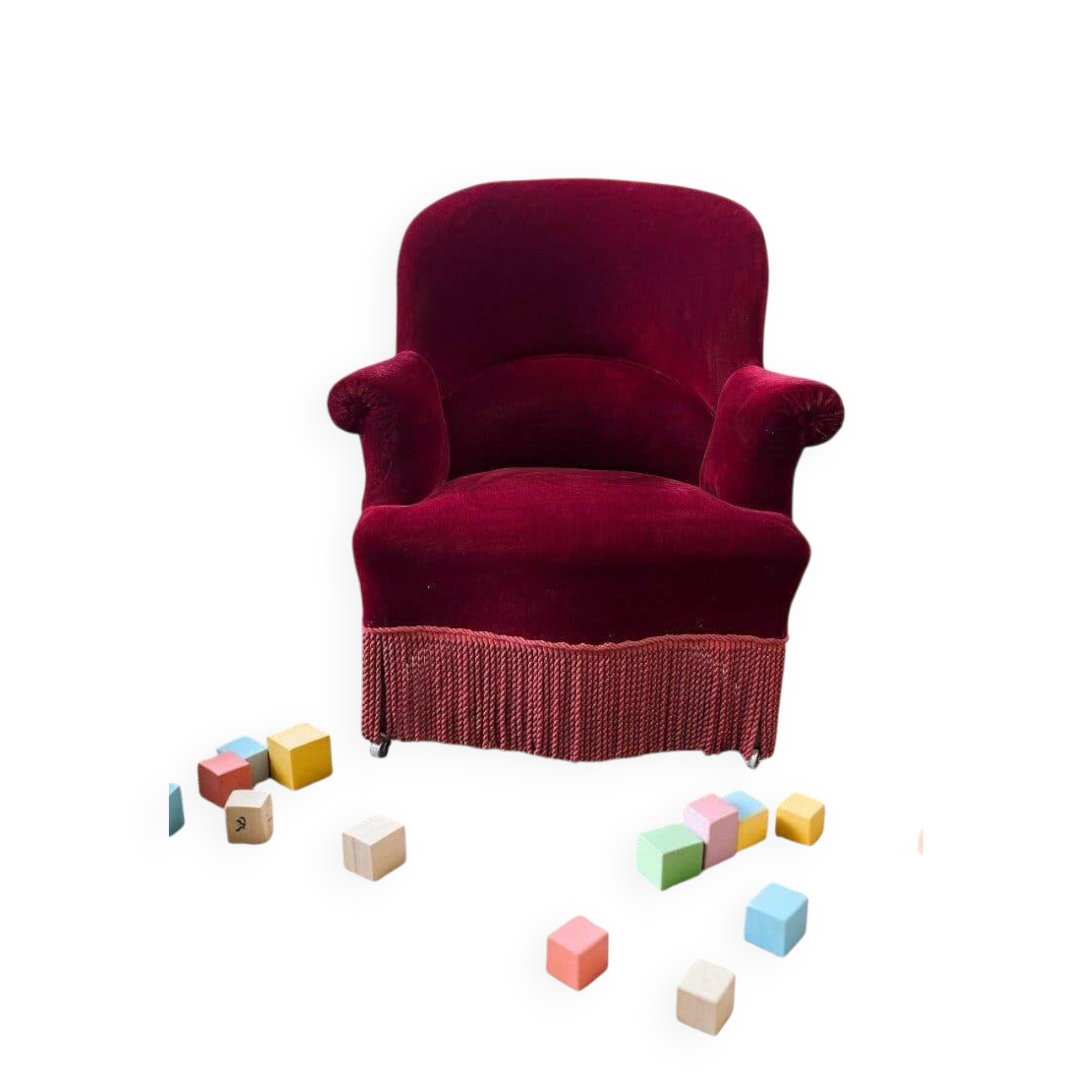 Vintage bordeaux mini armchair / children's chair with fringes