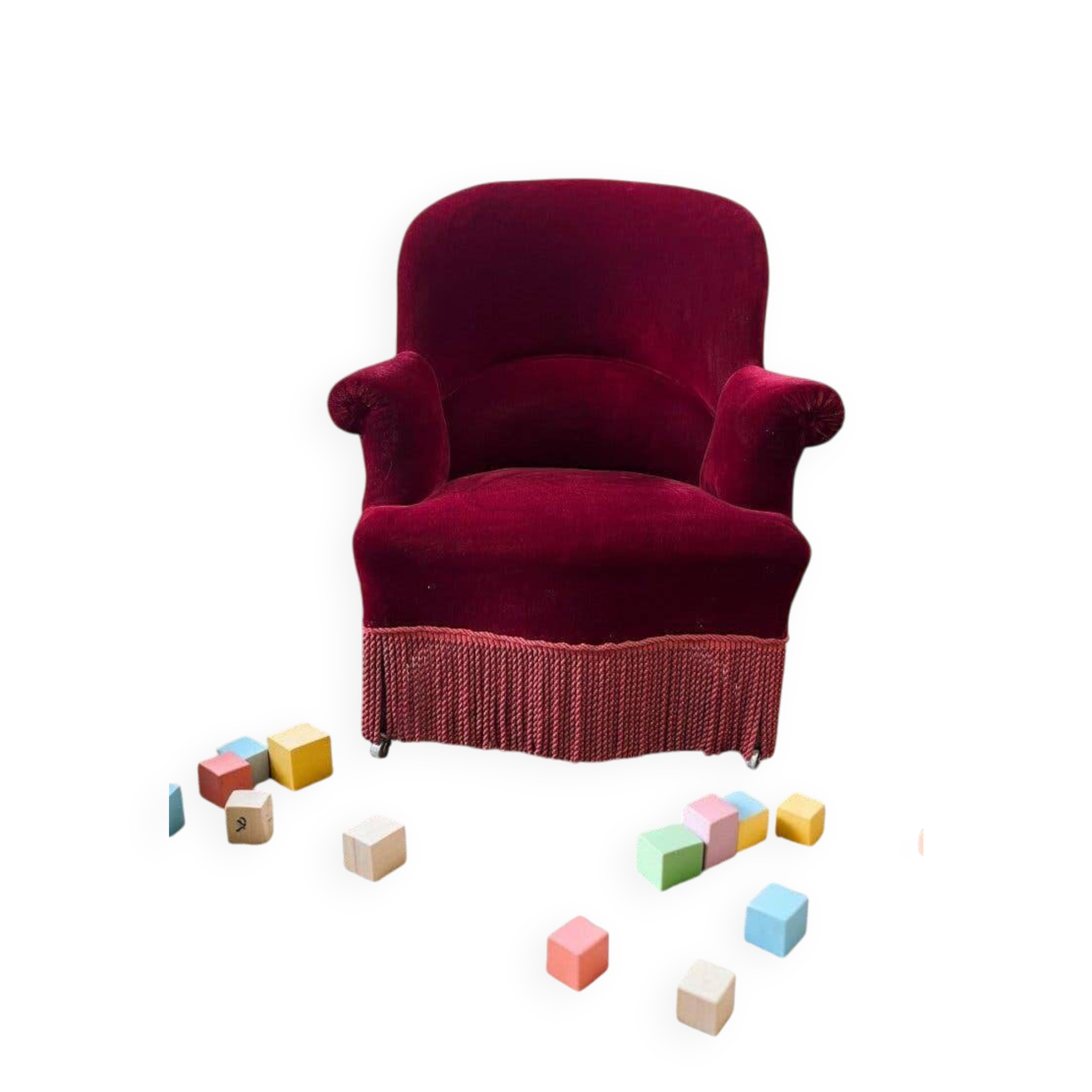 Vintage bordeaux mini armchair / children's chair with fringes