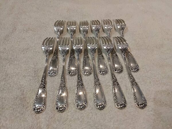 12 fourchettes a dessert metal argente orfevre SFAM rocaille 19,1cm