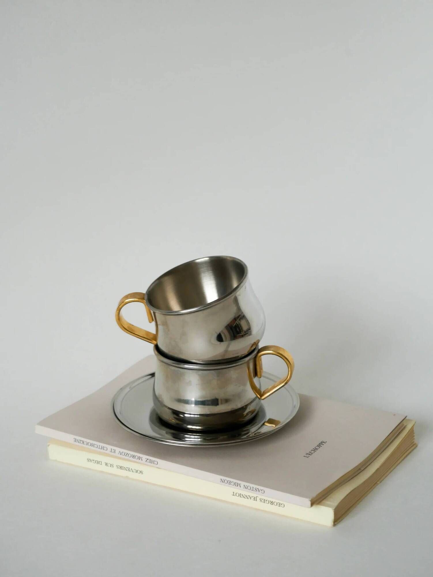 Set of double-walled stainless steel espresso cups made in Italy, 1970s design.