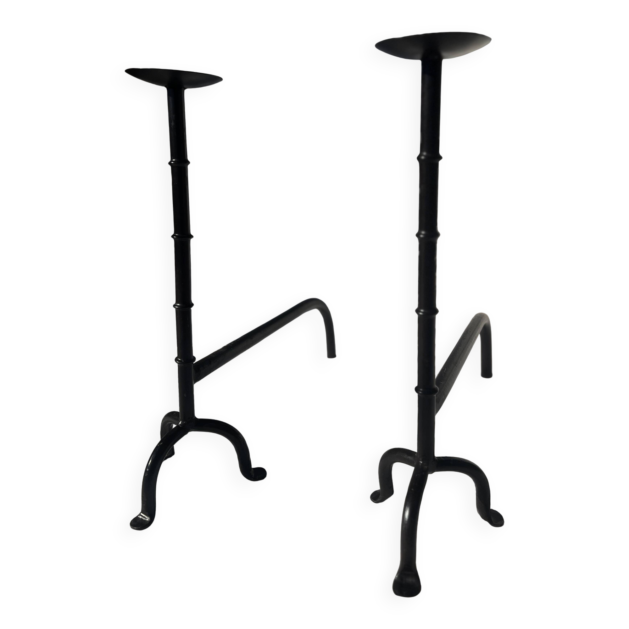 French Hand-Forged Iron Andirons, Candleholders