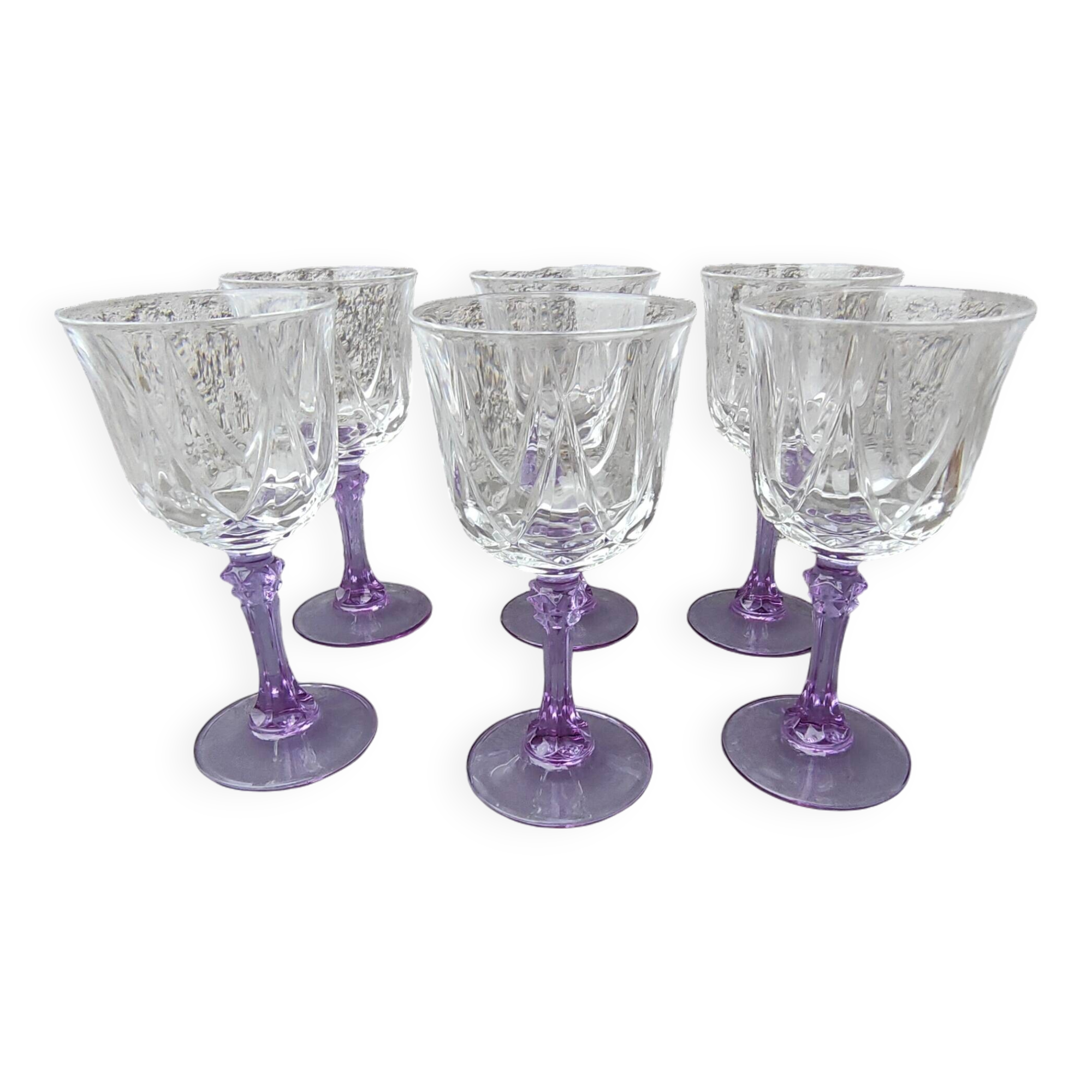 set of 6 purple stemmed crystal wine glasses
