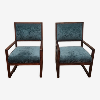 Paires de fauteuils bois et velours bleu vintage