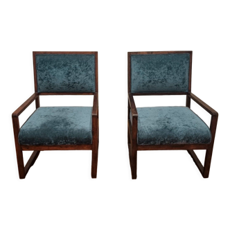 Pairs of wooden and vintage blue velvet armchairs