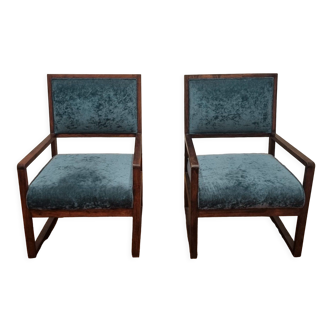 Paires de fauteuils bois et velours bleu vintage