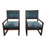 Paires de fauteuils bois et velours bleu vintage