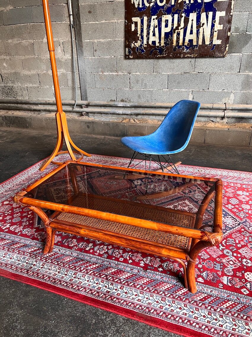 Vintage rattan coffee table and cannage and smoked glass top - 70s