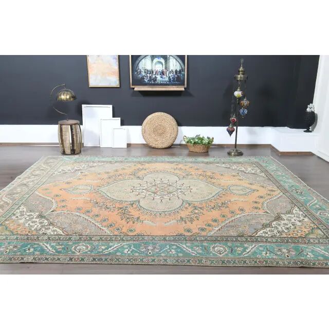 1970s Vintage Persian Handmade Wool Cotton Orange Area Rug 278x343